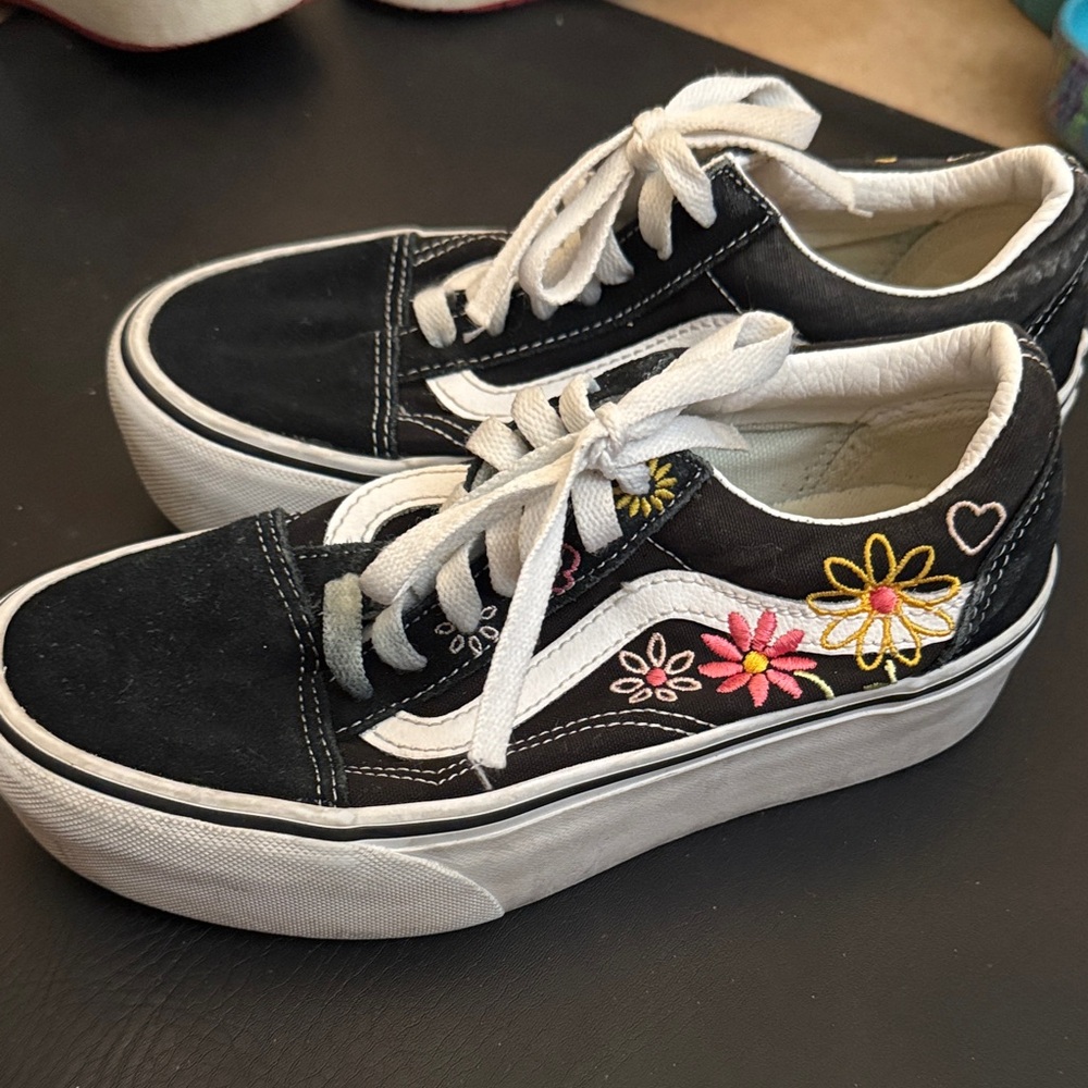 Vans Black and White Old Skool platforms with Pink & Yellow Floral Embroidery